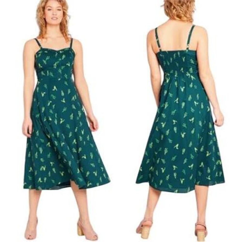 ModCloth Women Retro Cactus Print Dress Twee Midi Novelty Smocked Cotton Plus 1X